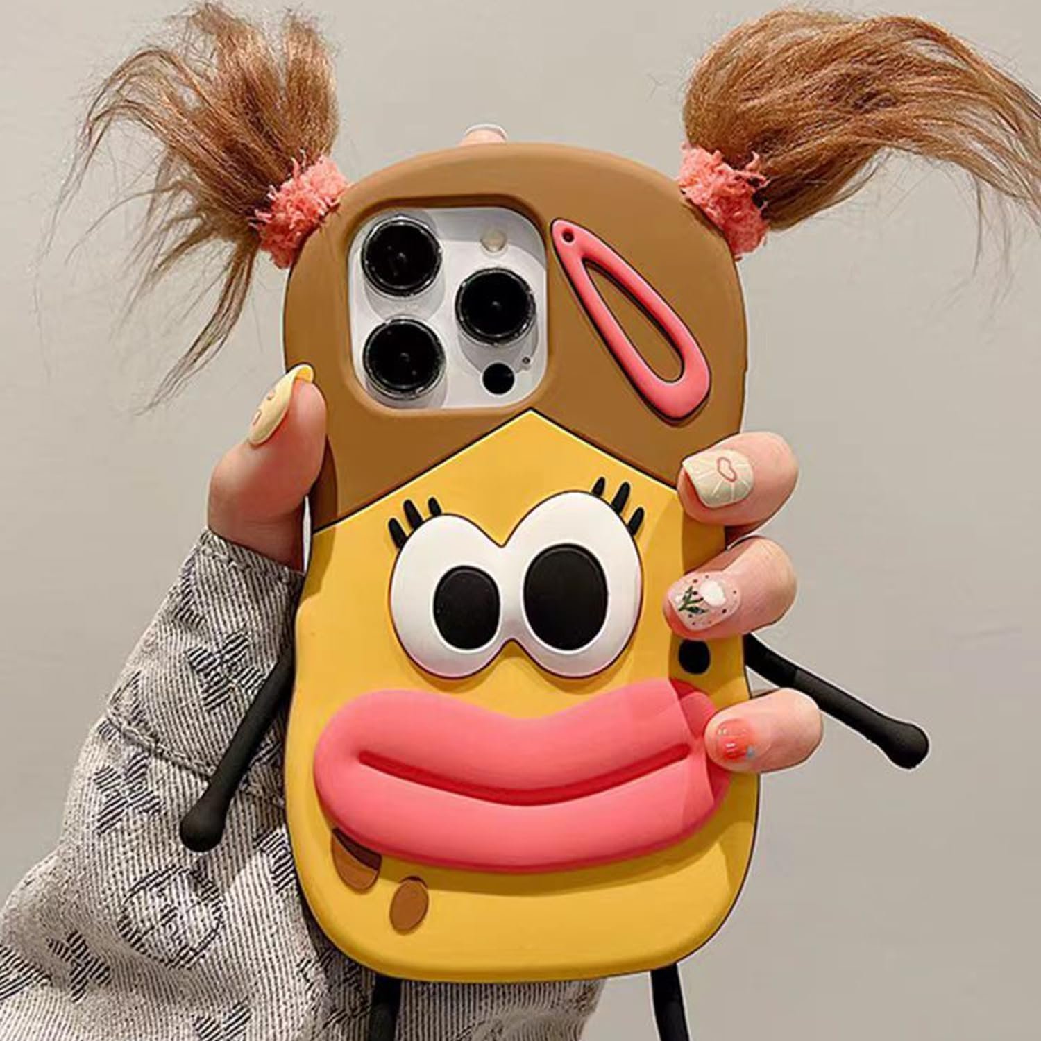 iPhone13 14 15Pro Super Thick Soft Silicone Shell,Ugly Three-Dimensional Big Eyes Sausage Mouth 3D Cartoon Interesting Interesting Cute Fashion Girl Phone Case Multicolor