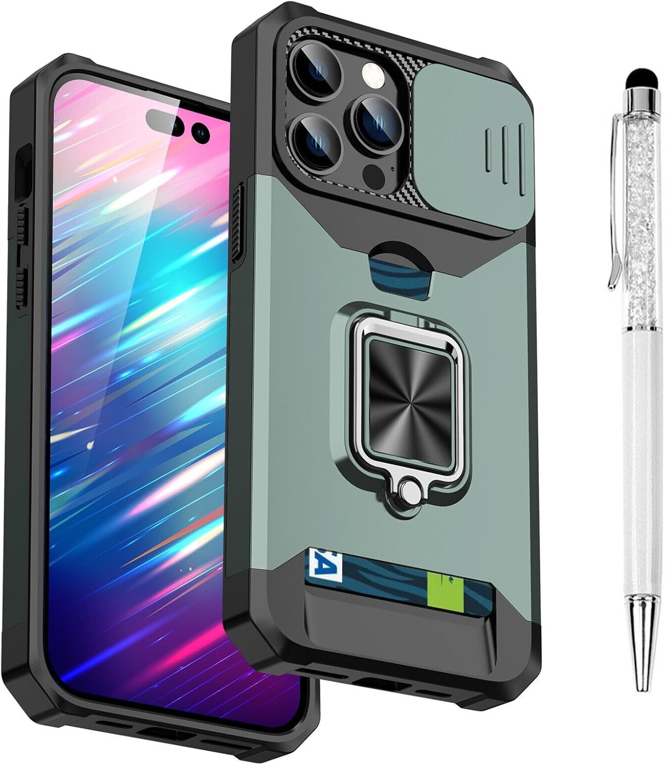 Compatible for iPhone 15 Pro TPU Case with Camera Protector | 360° Rotatable Ring Holder | Impact-Resistant Slide Len Cover | Magnetic Card Slots Stand Protective Shell with Stylus Pen | Purple