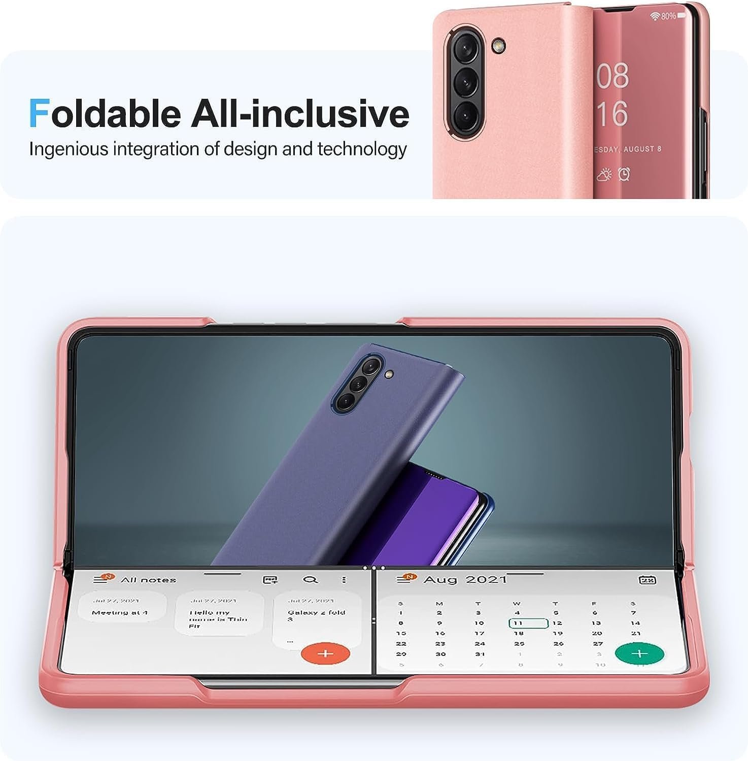 71I-wt6pCHL._AC_SL1500 Mirror Case for Samsung Galaxy Z Fold 5 5G Case Clear View Makeup Leather Flip Cover, Galaxy Z Fold 5 5G Phone Case with Kickstand Shockproof Protective Case for Samsung Z Fold 5 5G Shell (Pink)