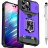 Compatible for iPhone 15 Pro TPU Case with Camera Protector | 360° Rotatable Ring Holder | Impact-Resistant Slide Len Cover | Magnetic Card Slots Stand Protective Shell with Stylus Pen | Purple