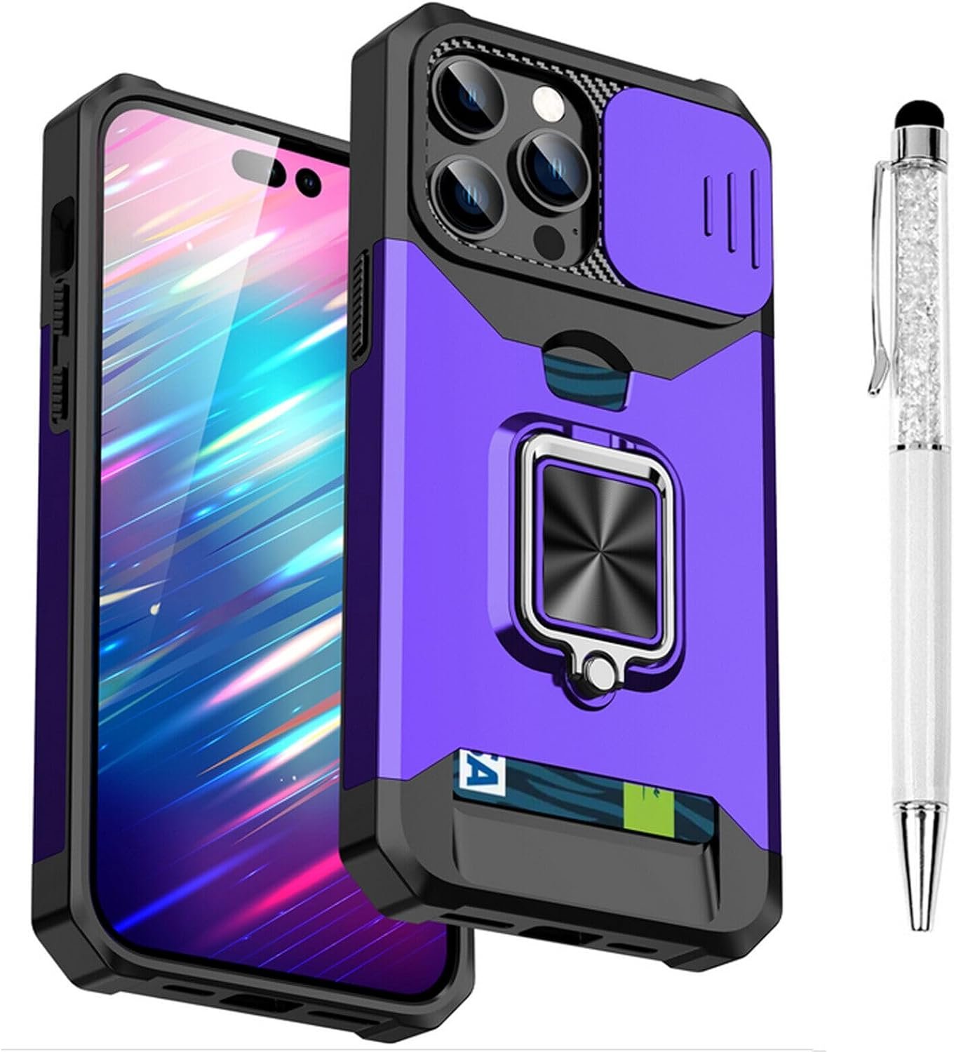 Compatible for iPhone 15 Pro TPU Case with Camera Protector | 360° Rotatable Ring Holder | Impact-Resistant Slide Len Cover | Magnetic Card Slots Stand Protective Shell with Stylus Pen | Purple