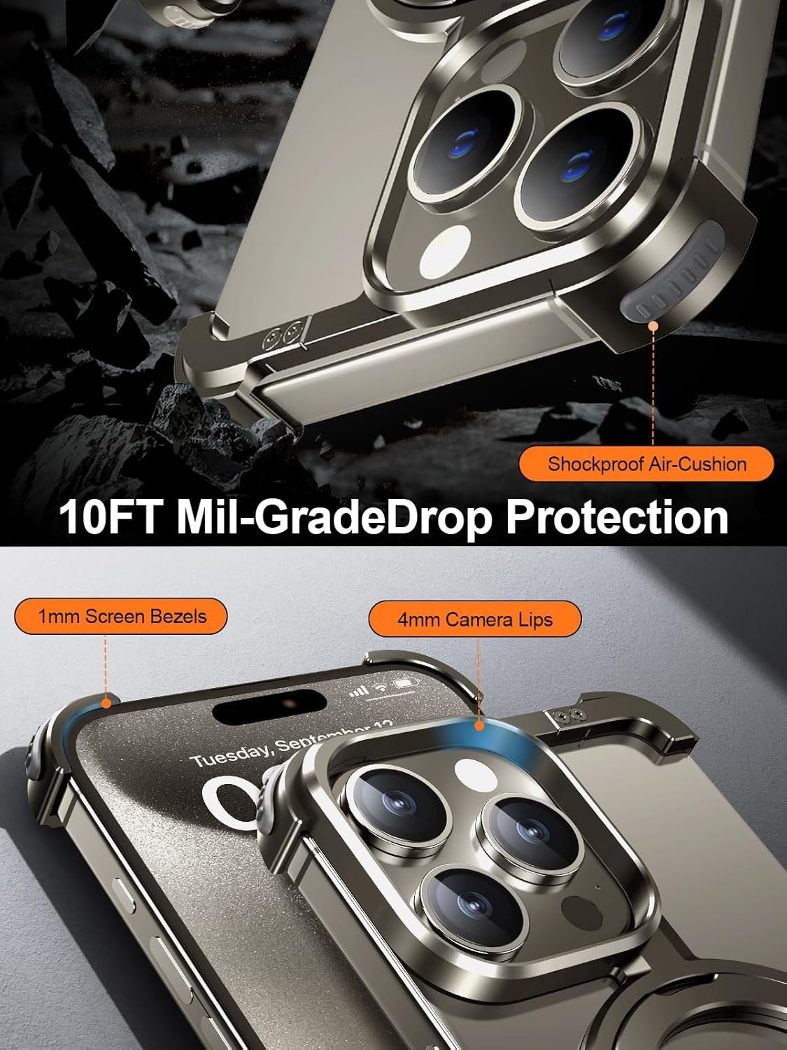 for iPhone Frameless Case with Magsafe, Magnetic Shockproof [Aerospace Grade Protection] Anti-Scratch Anti-Fingerprint Aluminum Shells with Built-in Kickstand (Natural Titanium, 15 pro max)