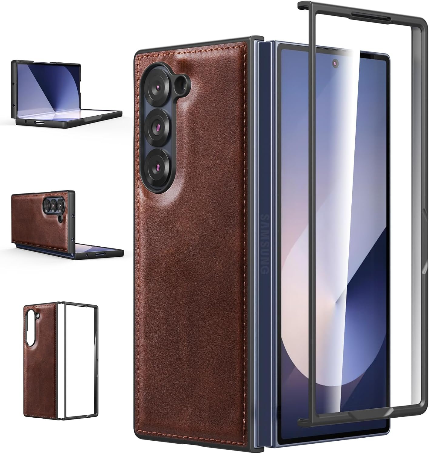 Foluu Case for Samsung Galaxy Z Fold 6, with Front Built-in Screen Protector, PU Leather + Hard PC Shell Ultra Thin Slim Durable Protective Phone Cover for Samsung Galaxy Z Fold6 5G 2024 (Black)