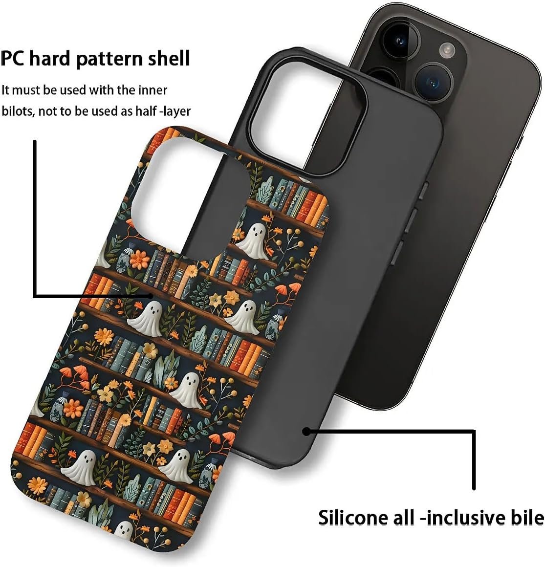Compatible with for iPhone 15,Spooky Ghosts On Bookshelf Halloween Phone Case for iPhone 15,Scratch Resistant Hybrid 2-Layer Hard Shell Bright Phone Case