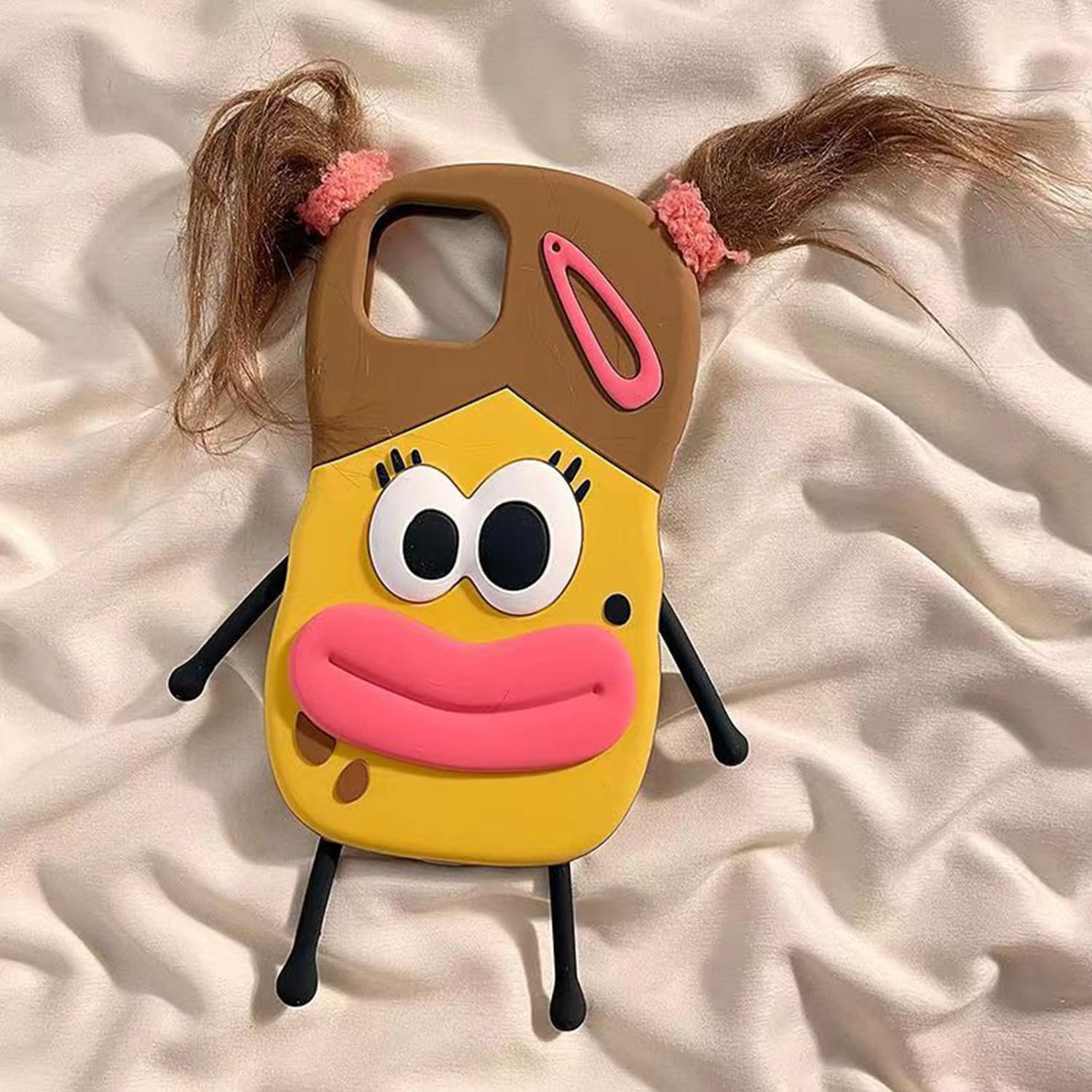 iPhone13 14 15Pro Super Thick Soft Silicone Shell,Ugly Three-Dimensional Big Eyes Sausage Mouth 3D Cartoon Interesting Interesting Cute Fashion Girl Phone Case Multicolor