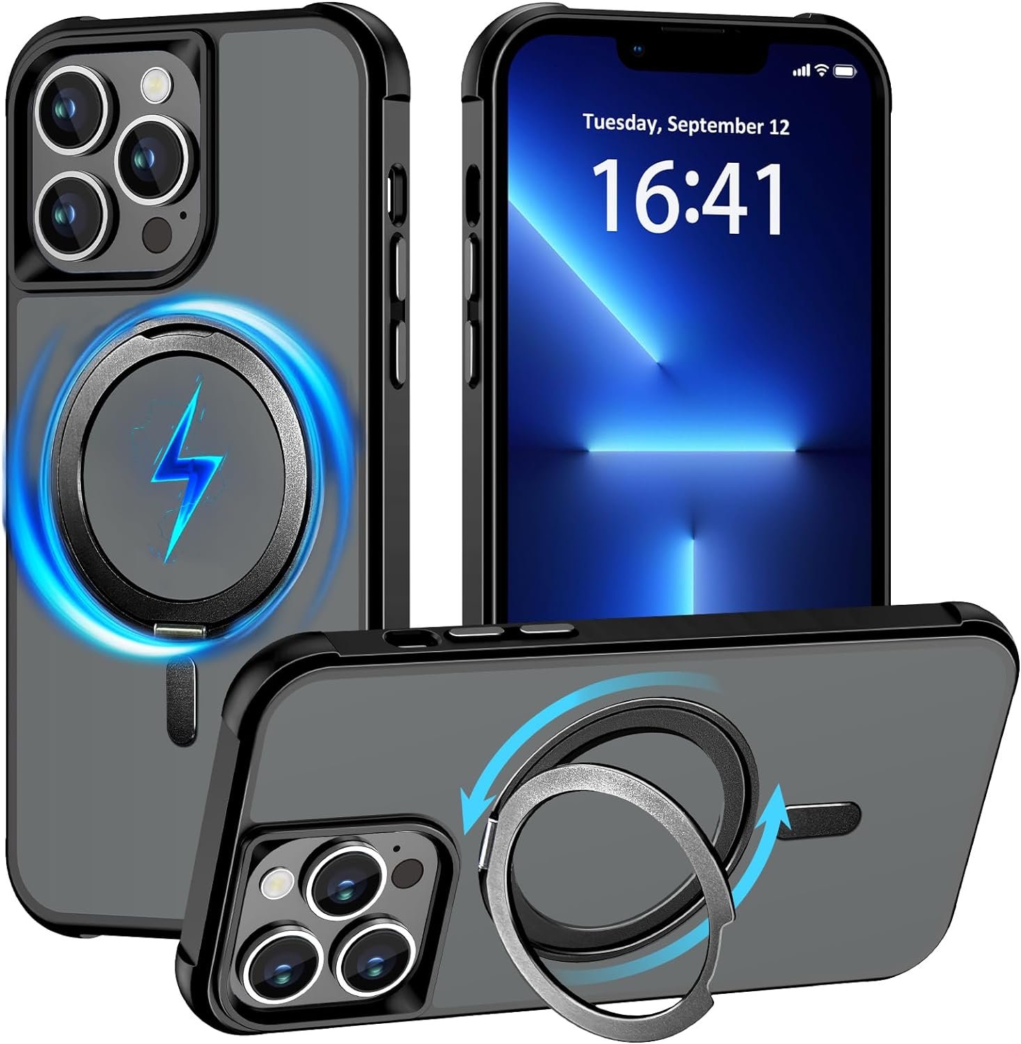 Magnetic for iPhone 13 case/iPhone 14 Case 【Compatible with Magsafe】 with 360°Rotatable Invisible Ring Stand【Military Grade Shockproof】 Matte Back Soft Edge Phone Cover 6.1", Black