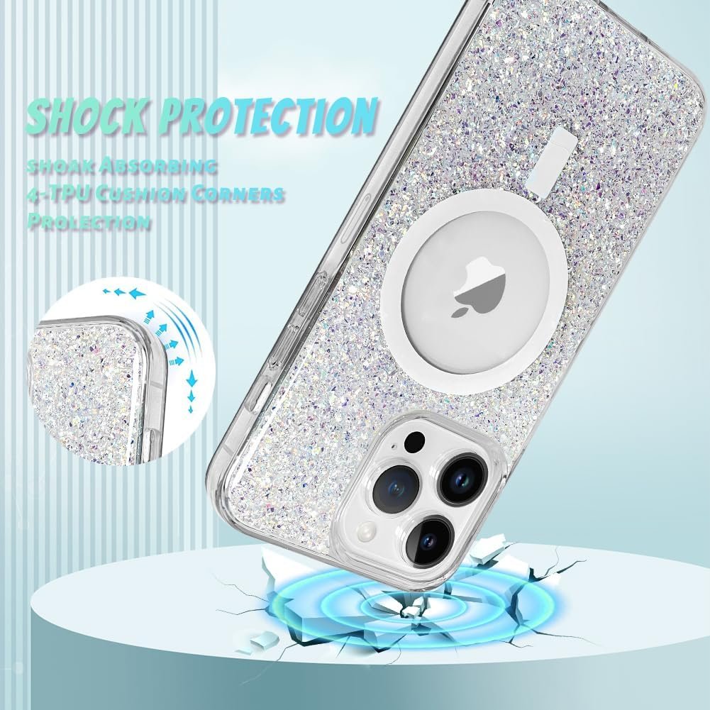 for iPhone 14 Pro Max Case, Sparkly Glitter Bling Back, Magnetic Support for Shockproof Case, Crystal and Clear High-Duty Protection for iPhone 14 Pro Max Case -Glitter Crystal