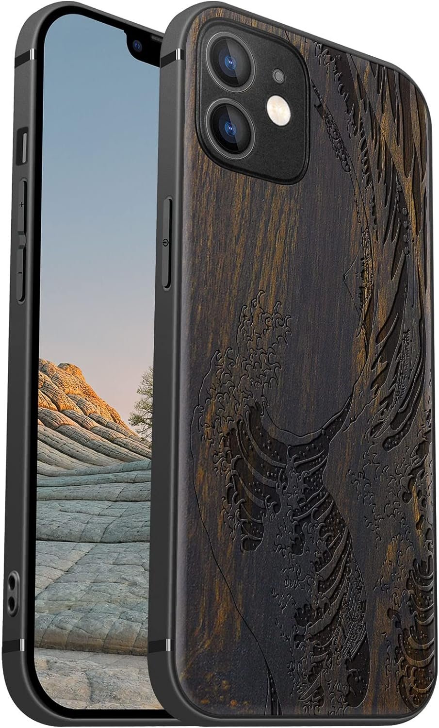 Magnetic Wood Case for iPhone 12 Case [Natural Wood & Soft TPU] Shockproof Protective Cover Unique & Classy Wooden Case Compatible with MagSafe (The Great Wave Off Kanagawa-Blackwood)