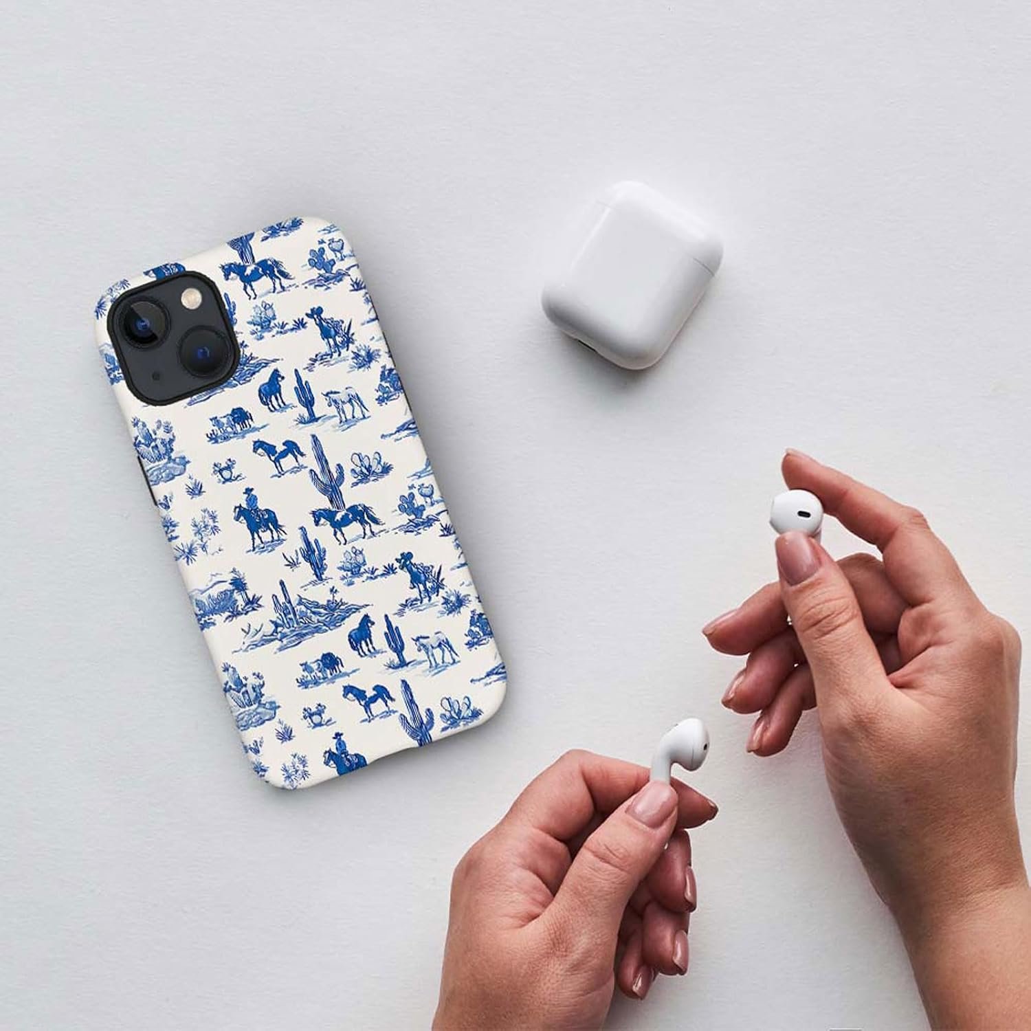 case Compatible with iPhone 13, Dark Blue Steed and Cactus Mix Two Layers of Protective Hard Shell Clear Design and dust-Proof. Suitable for iPhone 13