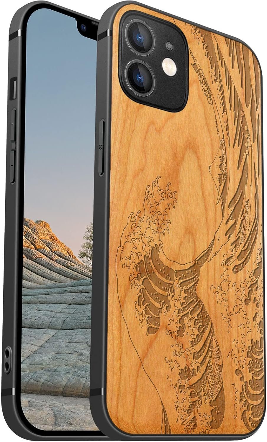 Magnetic Wood Case for iPhone 12 Case [Natural Wood & Soft TPU] Shockproof Protective Cover Unique & Classy Wooden Case Compatible with MagSafe (The Great Wave Off Kanagawa-Blackwood)