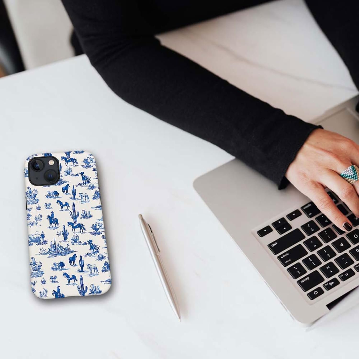 case Compatible with iPhone 13, Dark Blue Steed and Cactus Mix Two Layers of Protective Hard Shell Clear Design and dust-Proof. Suitable for iPhone 13