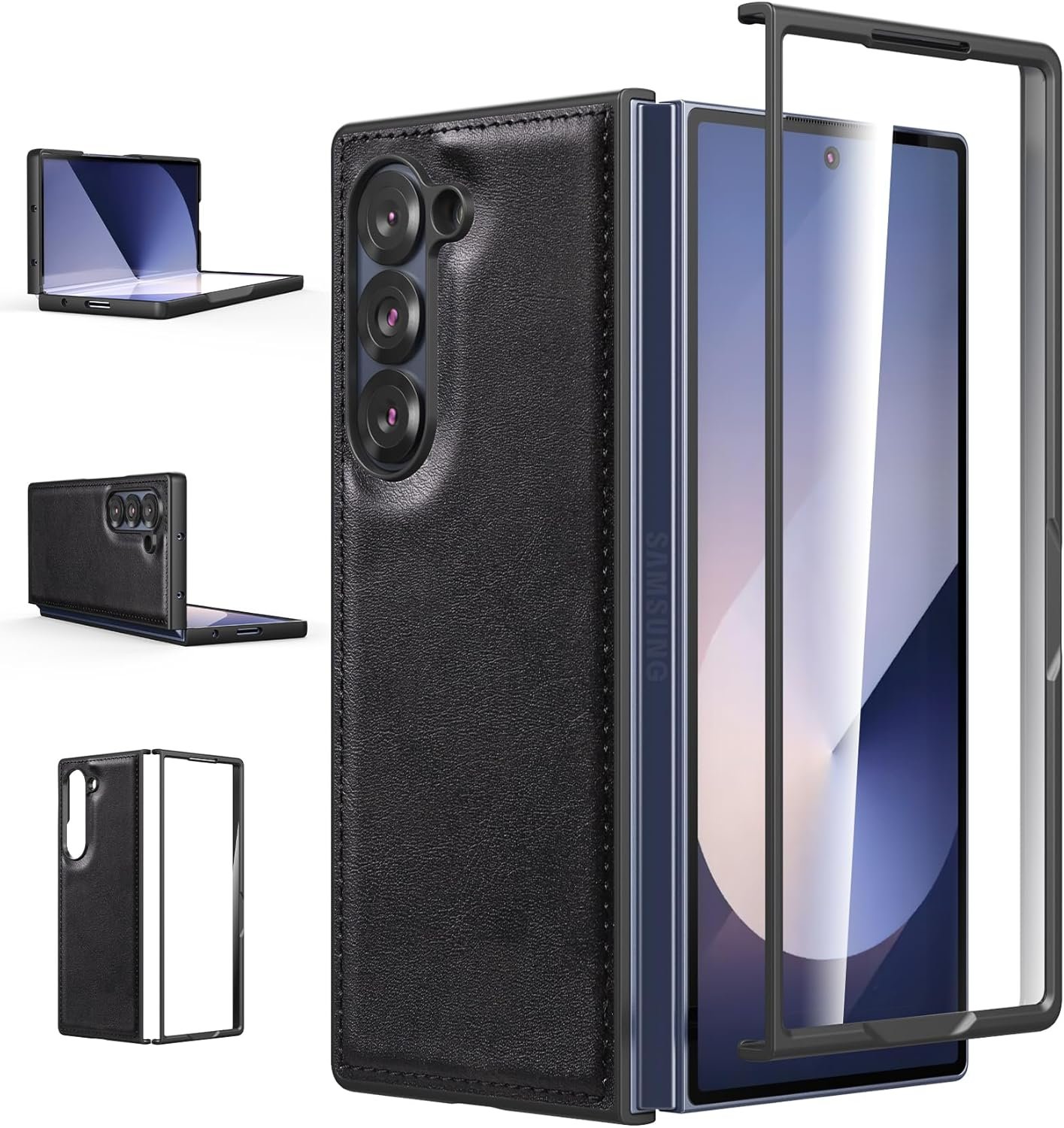 Foluu Case for Samsung Galaxy Z Fold 6, with Front Built-in Screen Protector, PU Leather + Hard PC Shell Ultra Thin Slim Durable Protective Phone Cover for Samsung Galaxy Z Fold6 5G 2024 (Black)