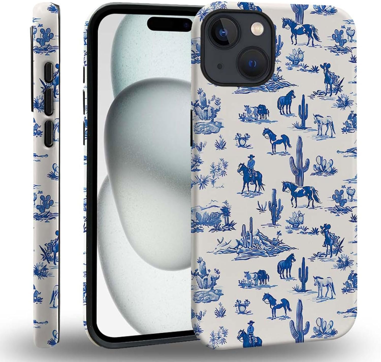 case Compatible with iPhone 13, Dark Blue Steed and Cactus Mix Two Layers of Protective Hard Shell Clear Design and dust-Proof. Suitable for iPhone 13