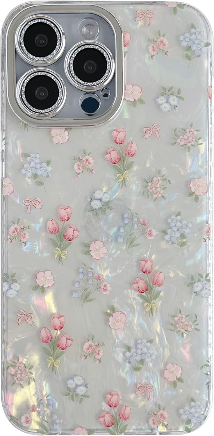 Cute Tulip Flowers Bow Shell Pattern Phone Case Compatible with iPhone Case (White,iPhone 14)