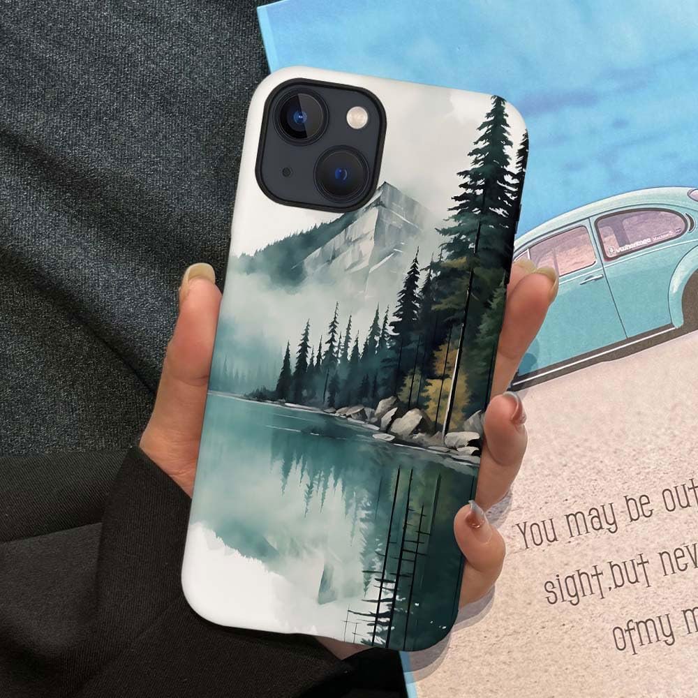 Case Compatible with for iPhone 13,Forest Lake Mountain Watercolor Phone Case Hybrid 2-Layer Hard Shell,Shockproof Soft for Girl Women Boy Men,Case for iPhone 13