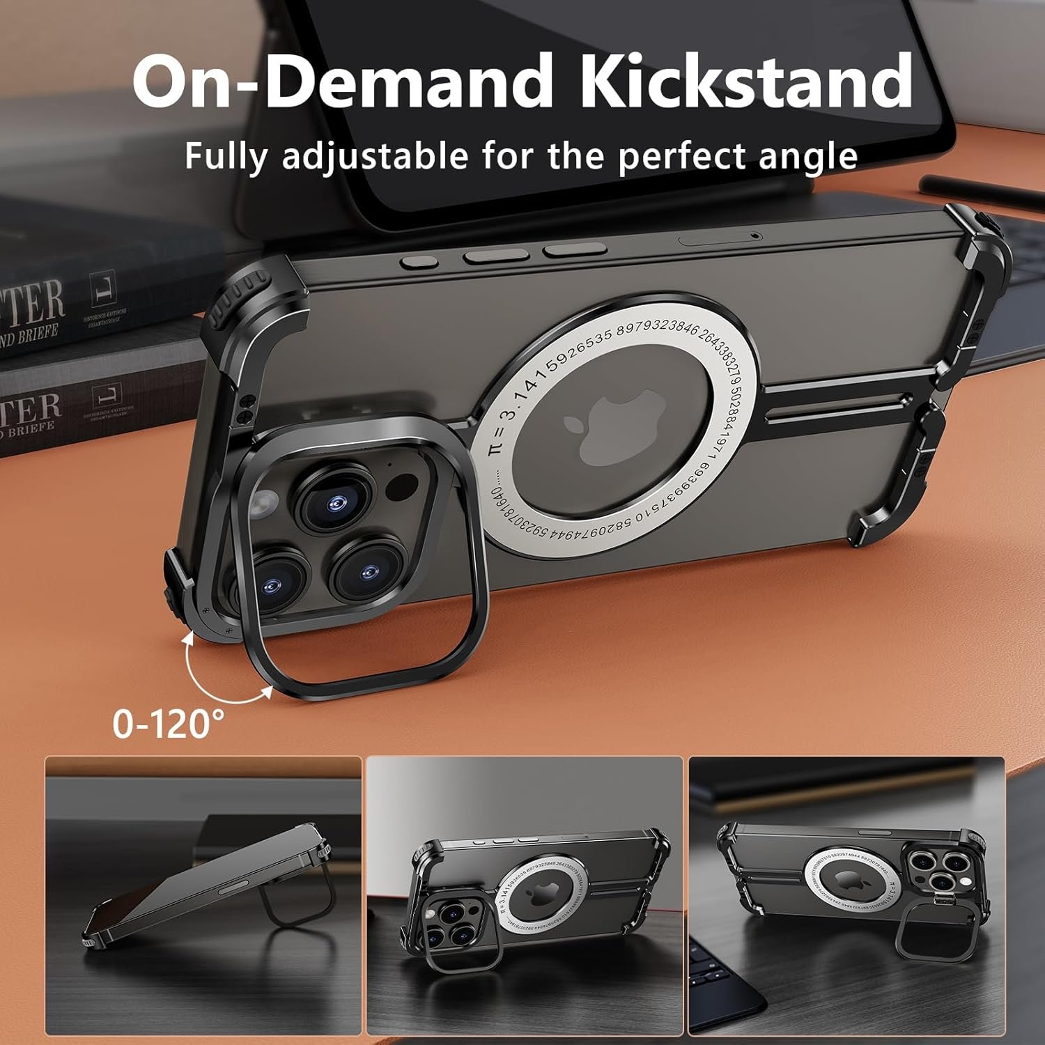 Innovatemee Magnetic Phone Case for iPhone 15 Pro Max with Metal Camera Stand, Compatible with MagSafe, Slim Shockproof Bumper Case Sleek Minimalist Frameless Aluminum Shells, Black