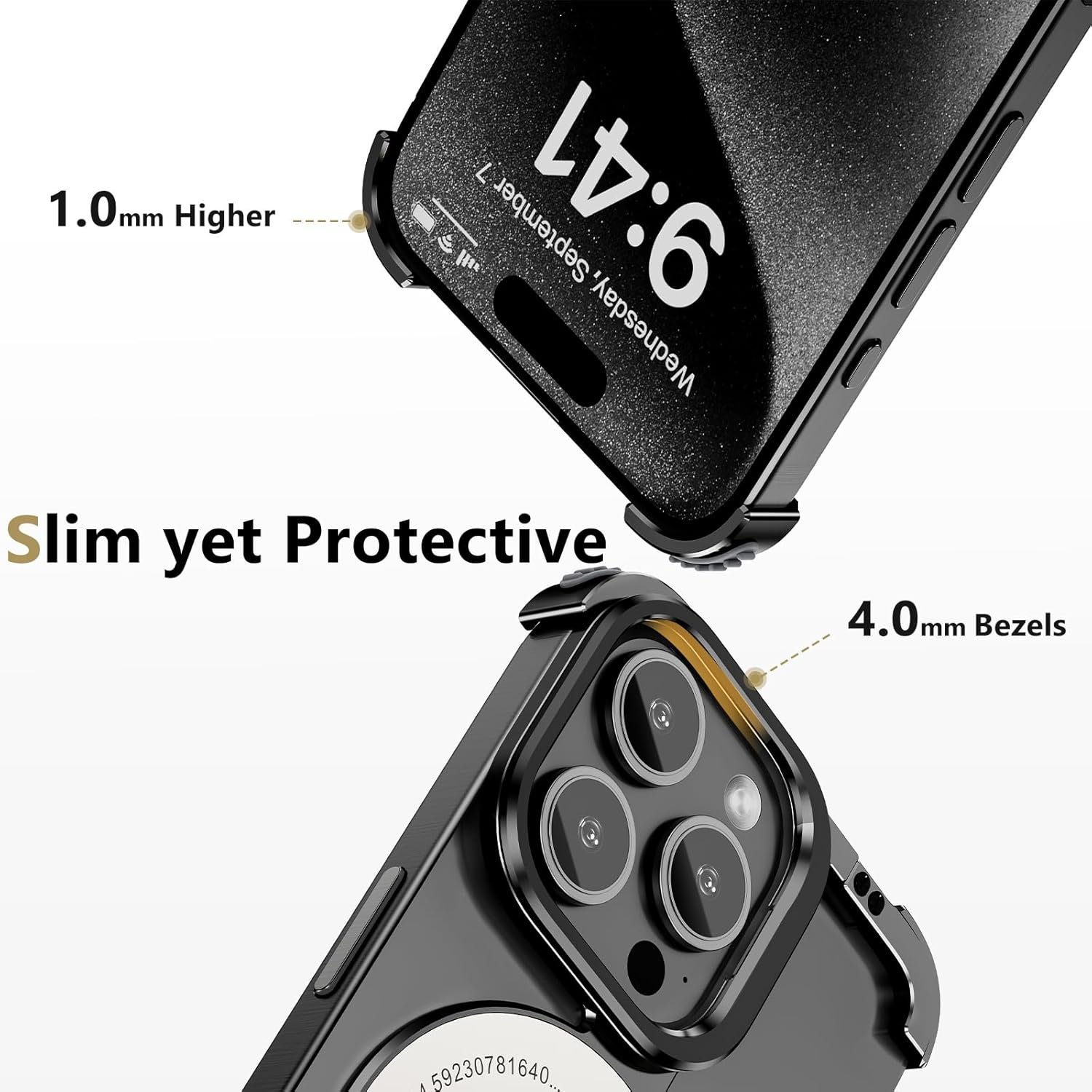 Innovatemee Magnetic Phone Case for iPhone 15 Pro Max with Metal Camera Stand, Compatible with MagSafe, Slim Shockproof Bumper Case Sleek Minimalist Frameless Aluminum Shells, Black