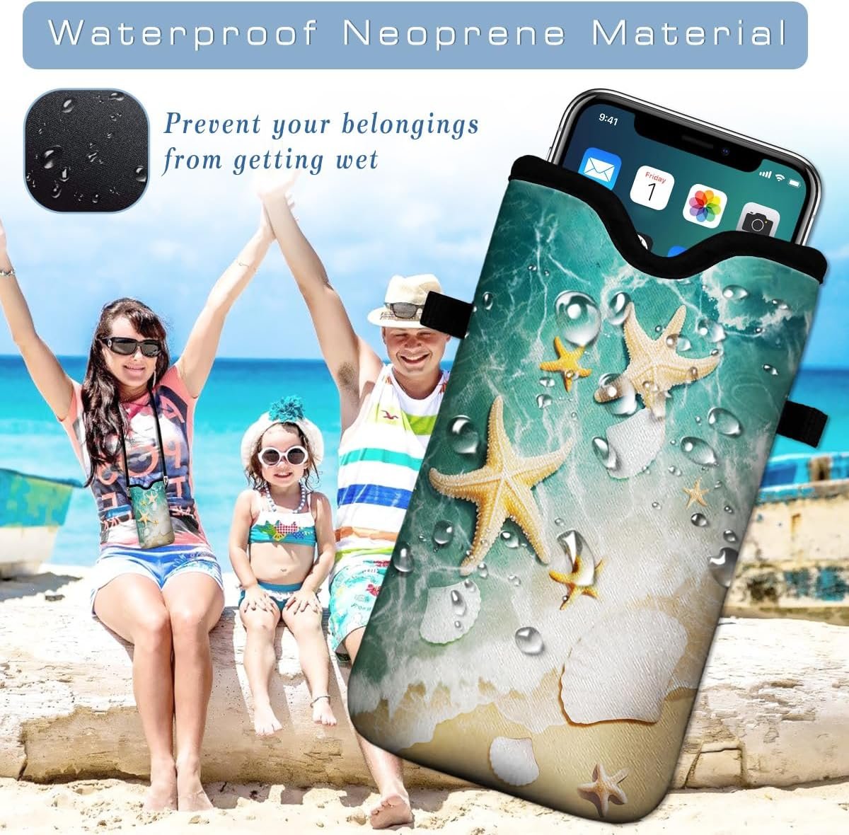 Universal Neoprene Cell Phone Pouch 7.1 X 4 in Mobile Protection Case Bag with Crossbody Strap/Neck Lanyard Beach Starfish Shells