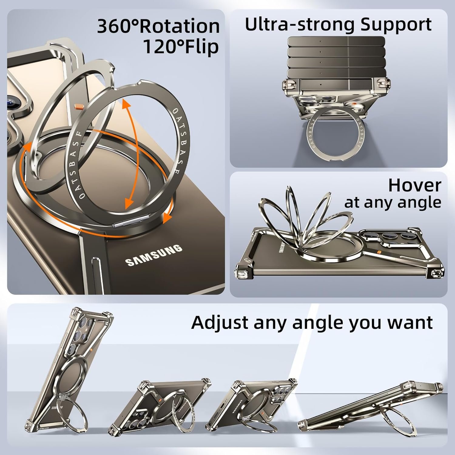 Innovatemee Minimalist Phone Case Compatible with Samsung Galaxy S24 Ultra, 360° Rotation Kickstand Aluminum Metal Frameless Design Bumper Case, Protective Shock Grade Shell, Natural Titanium