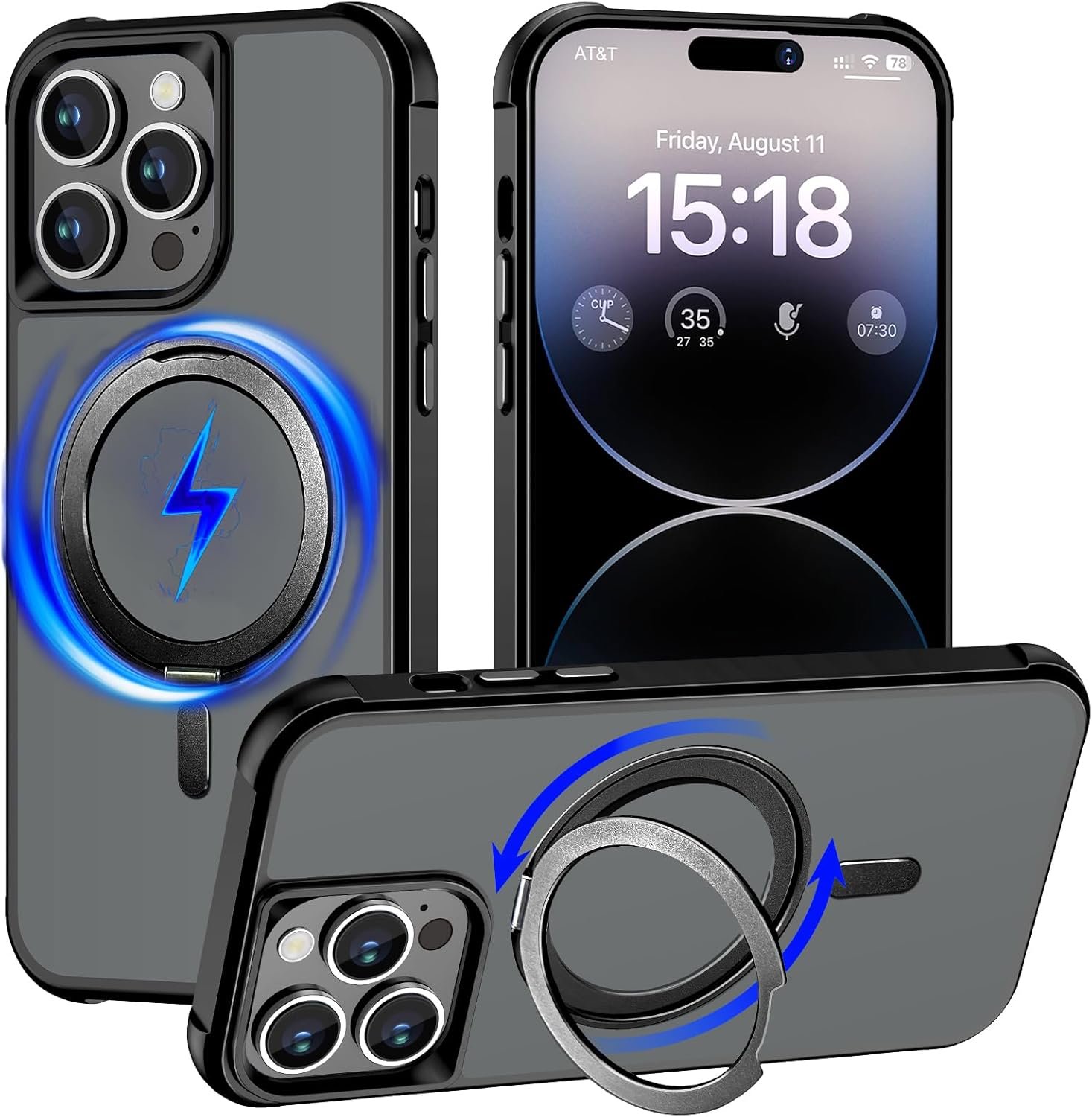Magnetic for iPhone 13 case/iPhone 14 Case 【Compatible with Magsafe】 with 360°Rotatable Invisible Ring Stand【Military Grade Shockproof】 Matte Back Soft Edge Phone Cover 6.1", Black