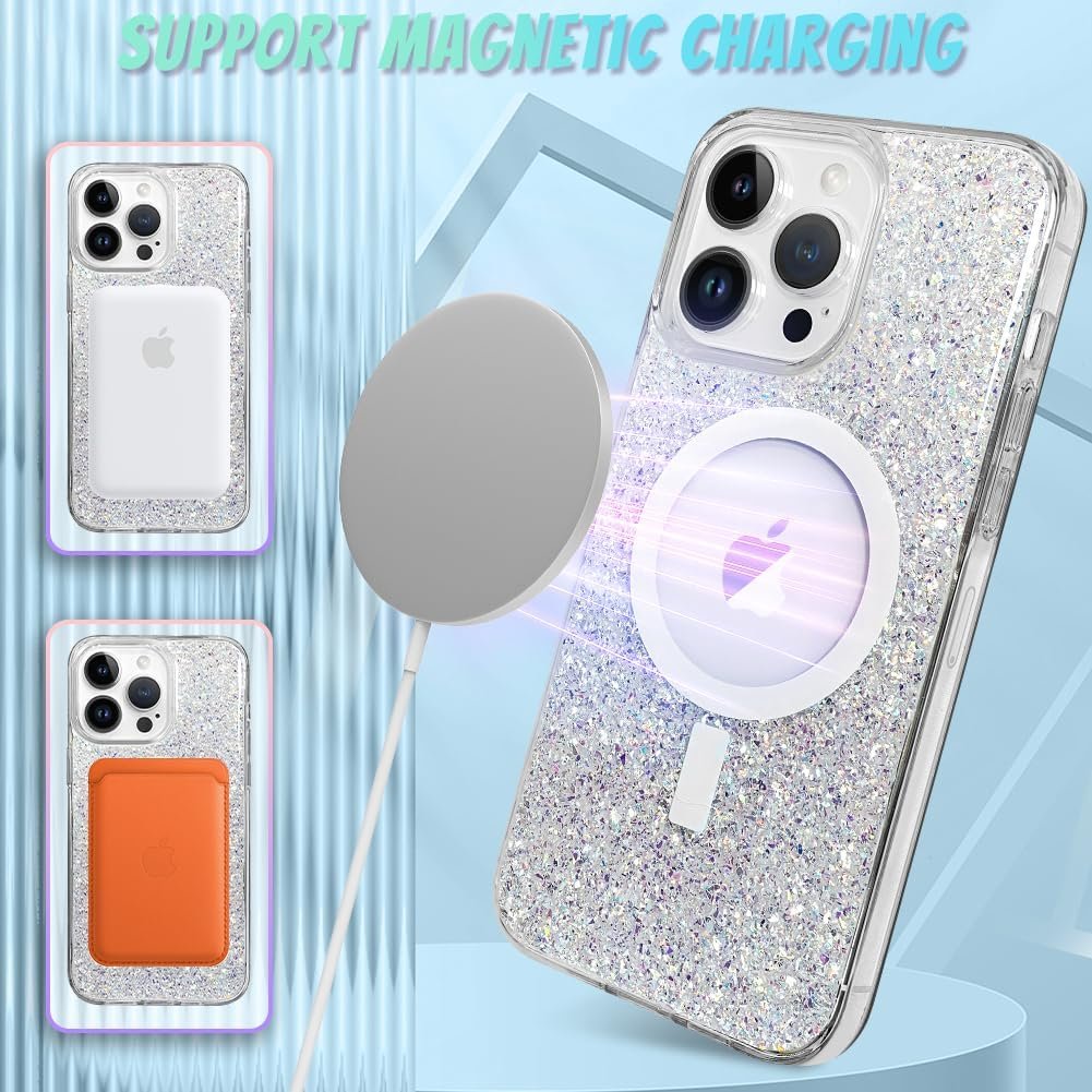 for iPhone 14 Pro Max Case, Sparkly Glitter Bling Back, Magnetic Support for Shockproof Case, Crystal and Clear High-Duty Protection for iPhone 14 Pro Max Case -Glitter Crystal