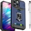 Compatible for iPhone 15 Pro TPU Case with Camera Protector | 360° Rotatable Ring Holder | Impact-Resistant Slide Len Cover | Magnetic Card Slots Stand Protective Shell with Stylus Pen | Purple