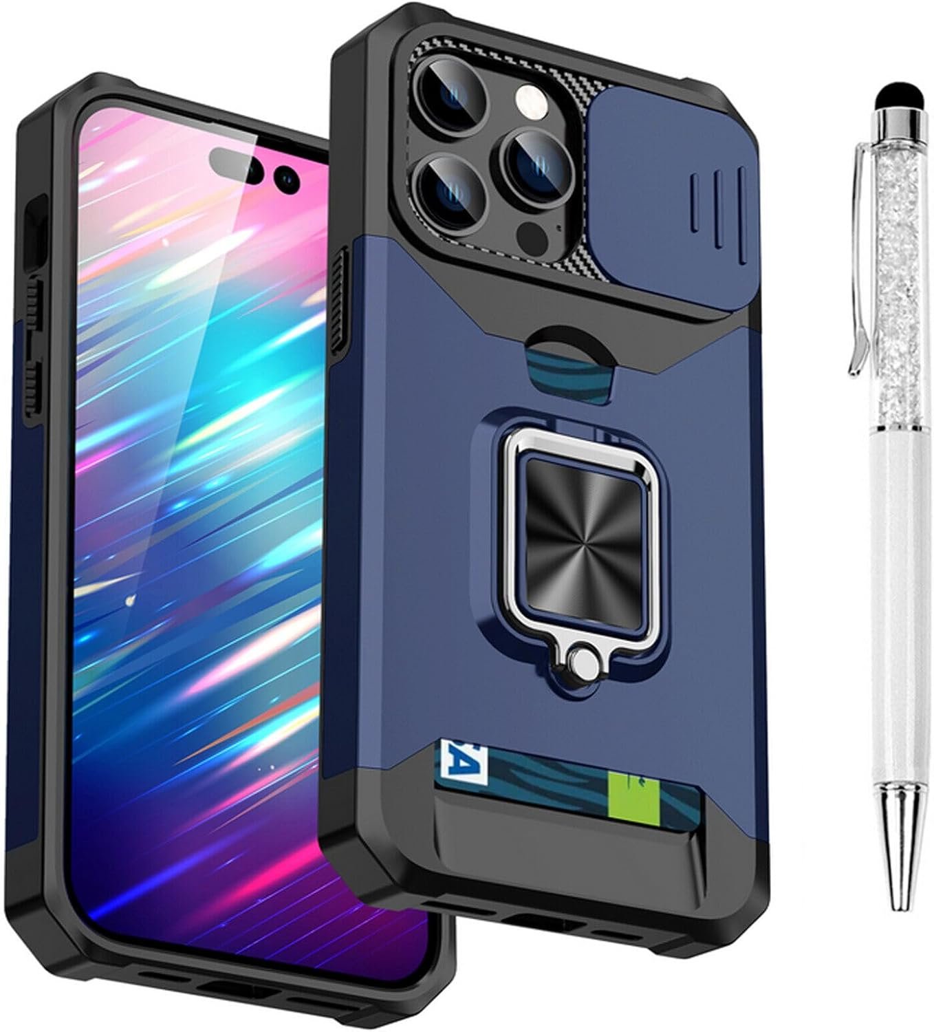 Compatible for iPhone 15 Pro TPU Case with Camera Protector | 360° Rotatable Ring Holder | Impact-Resistant Slide Len Cover | Magnetic Card Slots Stand Protective Shell with Stylus Pen | Purple