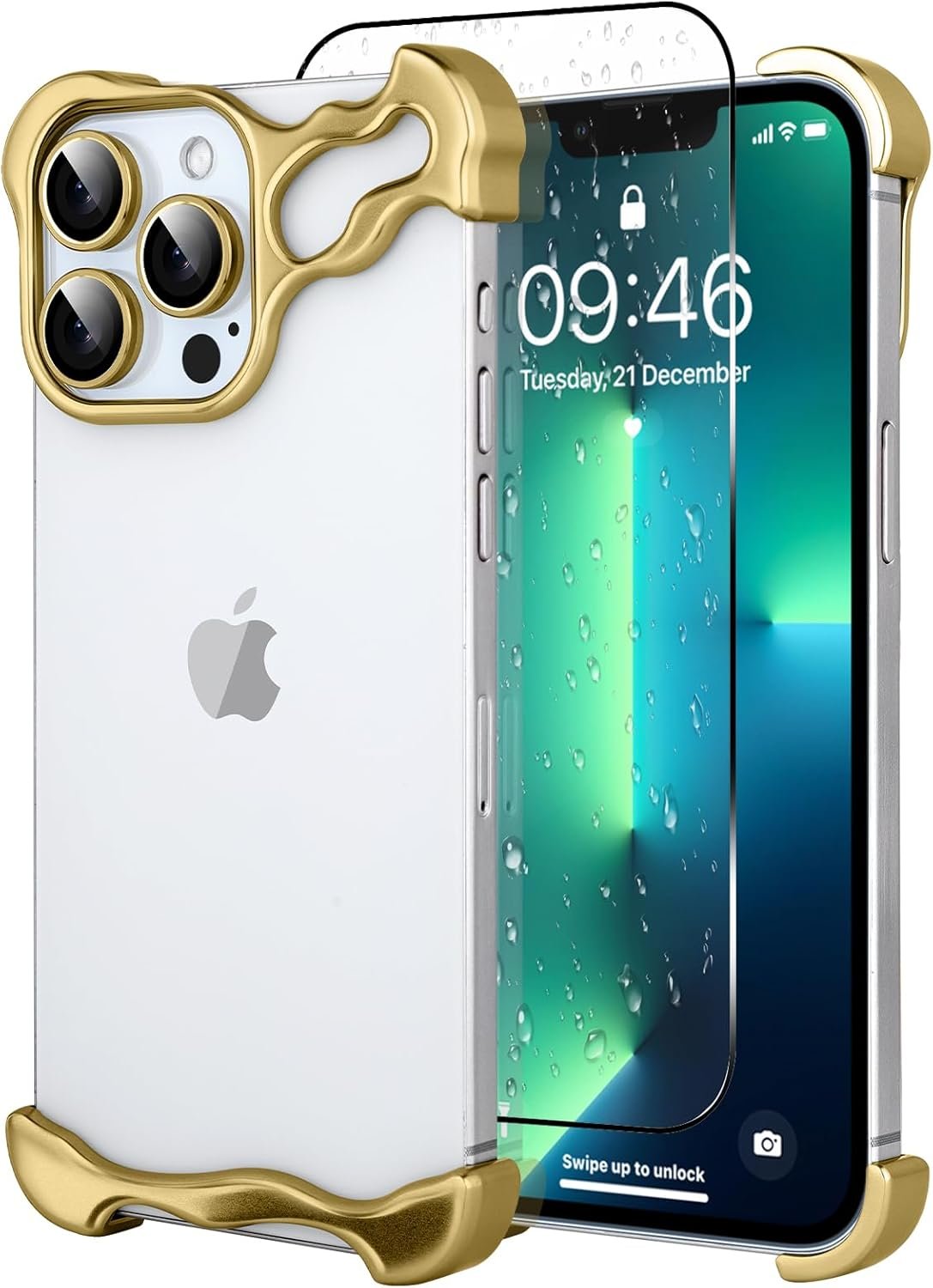 71ccnEJeRZL._AC_SL1500 Metal Frameles Phone Case Compatible with iPhone 13 Pro Phone Case, Minimalist Protective, Shock Absorption, Aerospace Grade Aluminum Frameles Shells Screen Protective (Metal Gold)