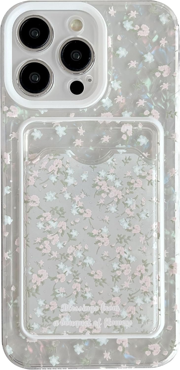 Cute Flowers Shell Pattern Wallet Card Slot Soft Phone Case Compatible with iPhone Case (Clear,iPhone 15 Plus)
