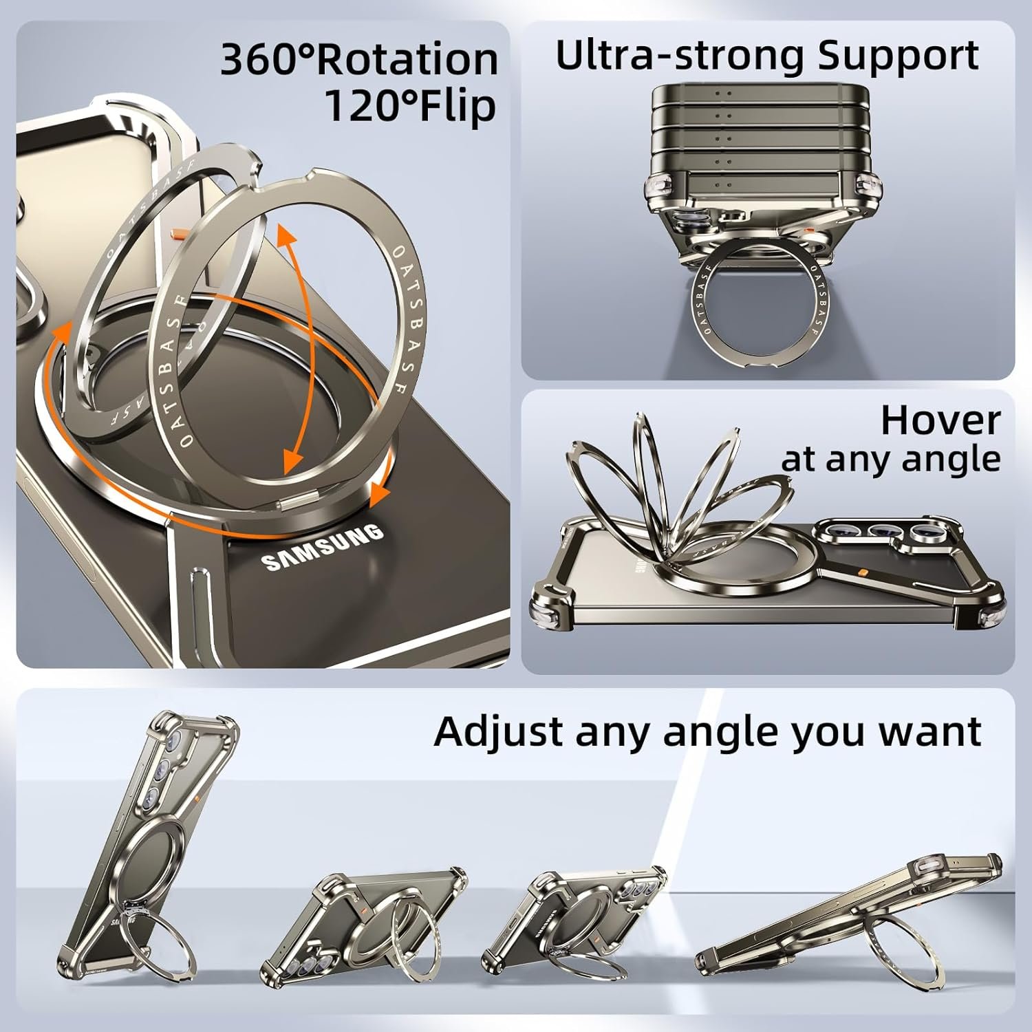 Phone Case Compatible with Samsung Galaxy S24, 360° Rotation Kickstand Aluminum Metal Frameless Design Bumper Case, Protective Shock Grade Shell, Natural Titanium