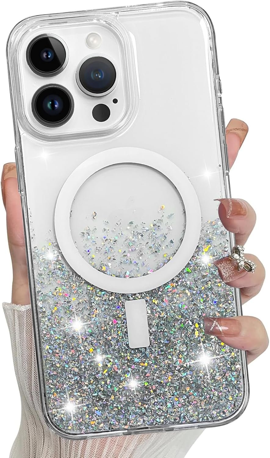for iPhone 14 Pro Max Case, Sparkly Glitter Bling Back, Magnetic Support for Shockproof Case, Crystal and Clear High-Duty Protection for iPhone 14 Pro Max Case -Glitter Crystal
