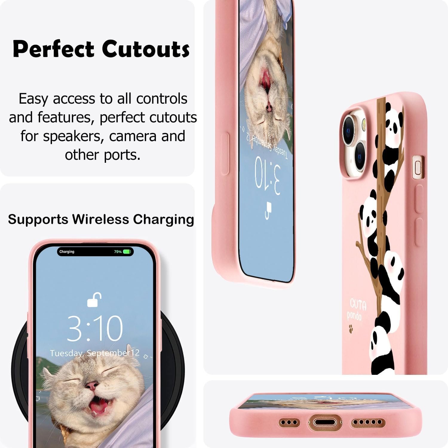 for iPhone 13 Case, Cute Kawaii Panda Pink Liquid Silicone Slim Fit Soft Gel Rubber Protective Phone Cover for Women Girls