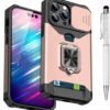 Compatible for iPhone 15 Pro TPU Case with Camera Protector | 360° Rotatable Ring Holder | Impact-Resistant Slide Len Cover | Magnetic Card Slots Stand Protective Shell with Stylus Pen | Purple