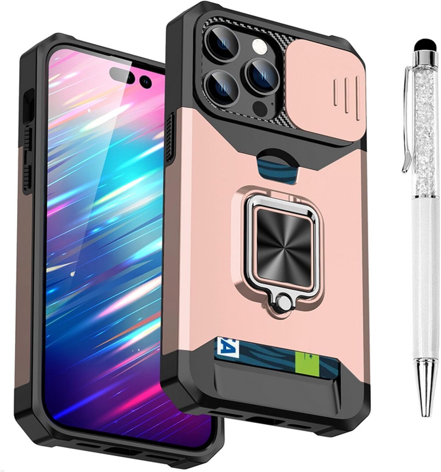 Compatible for iPhone 15 Pro TPU Case with Camera Protector | 360° Rotatable Ring Holder | Impact-Resistant Slide Len Cover | Magnetic Card Slots Stand Protective Shell with Stylus Pen | Purple