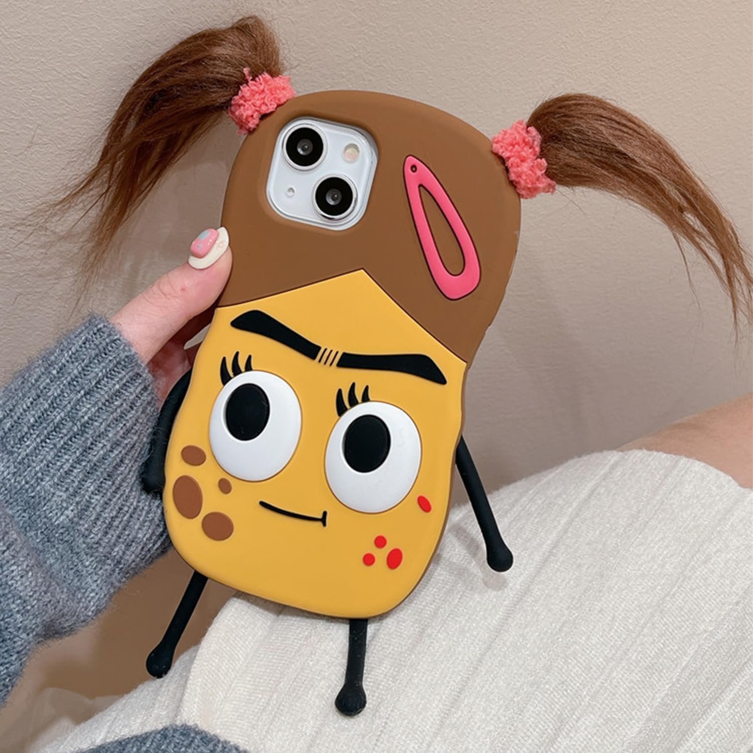 iPhone13 14 15Pro Super Thick Soft Silicone Shell,Ugly Three-Dimensional Big Eyes Sausage Mouth 3D Cartoon Interesting Interesting Cute Fashion Girl Phone Case Multicolor