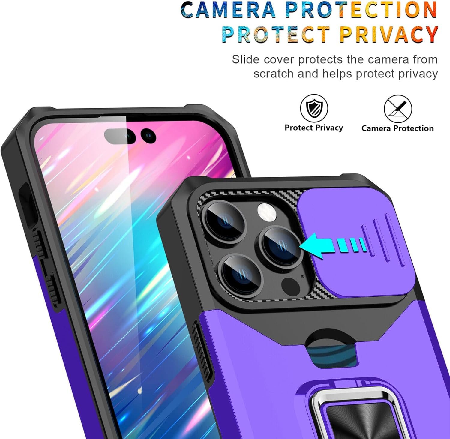 Compatible for iPhone 15 Pro TPU Case with Camera Protector | 360° Rotatable Ring Holder | Impact-Resistant Slide Len Cover | Magnetic Card Slots Stand Protective Shell with Stylus Pen | Purple