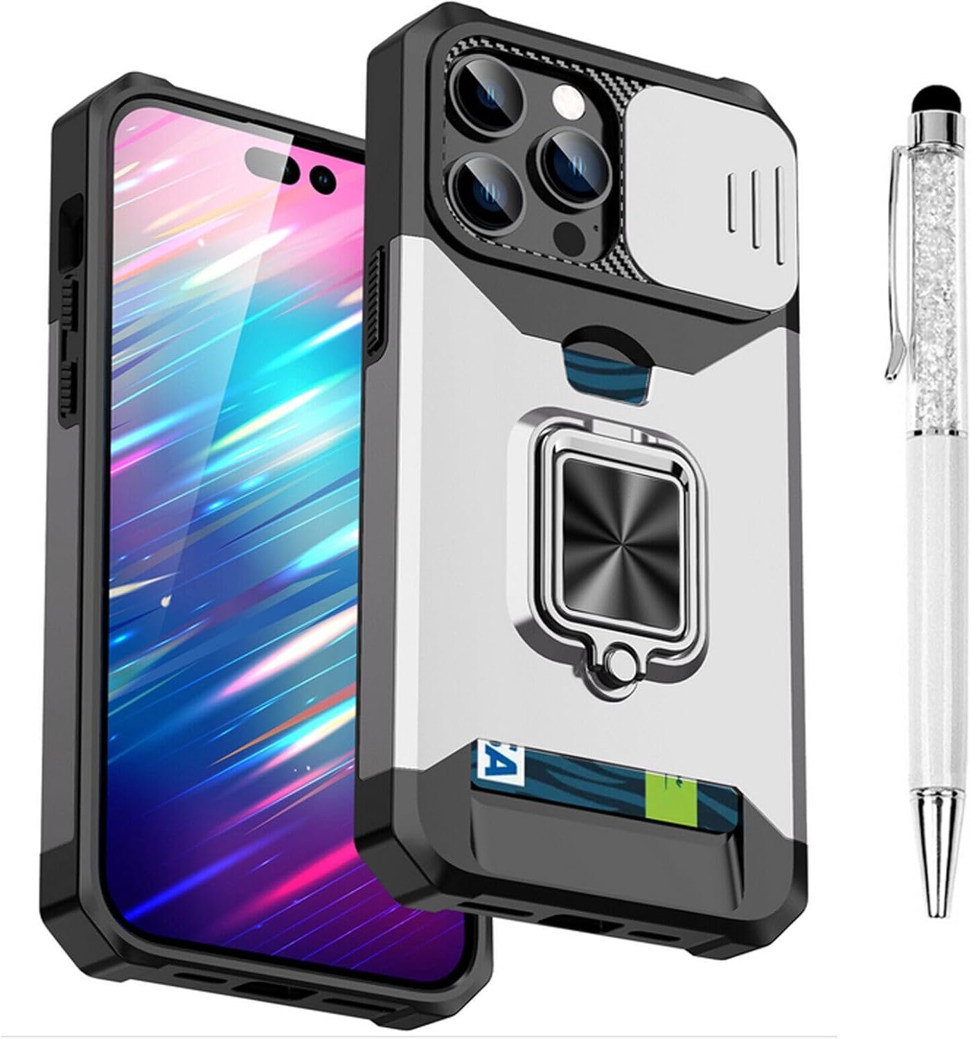 Compatible for iPhone 15 Pro TPU Case with Camera Protector | 360° Rotatable Ring Holder | Impact-Resistant Slide Len Cover | Magnetic Card Slots Stand Protective Shell with Stylus Pen | Purple