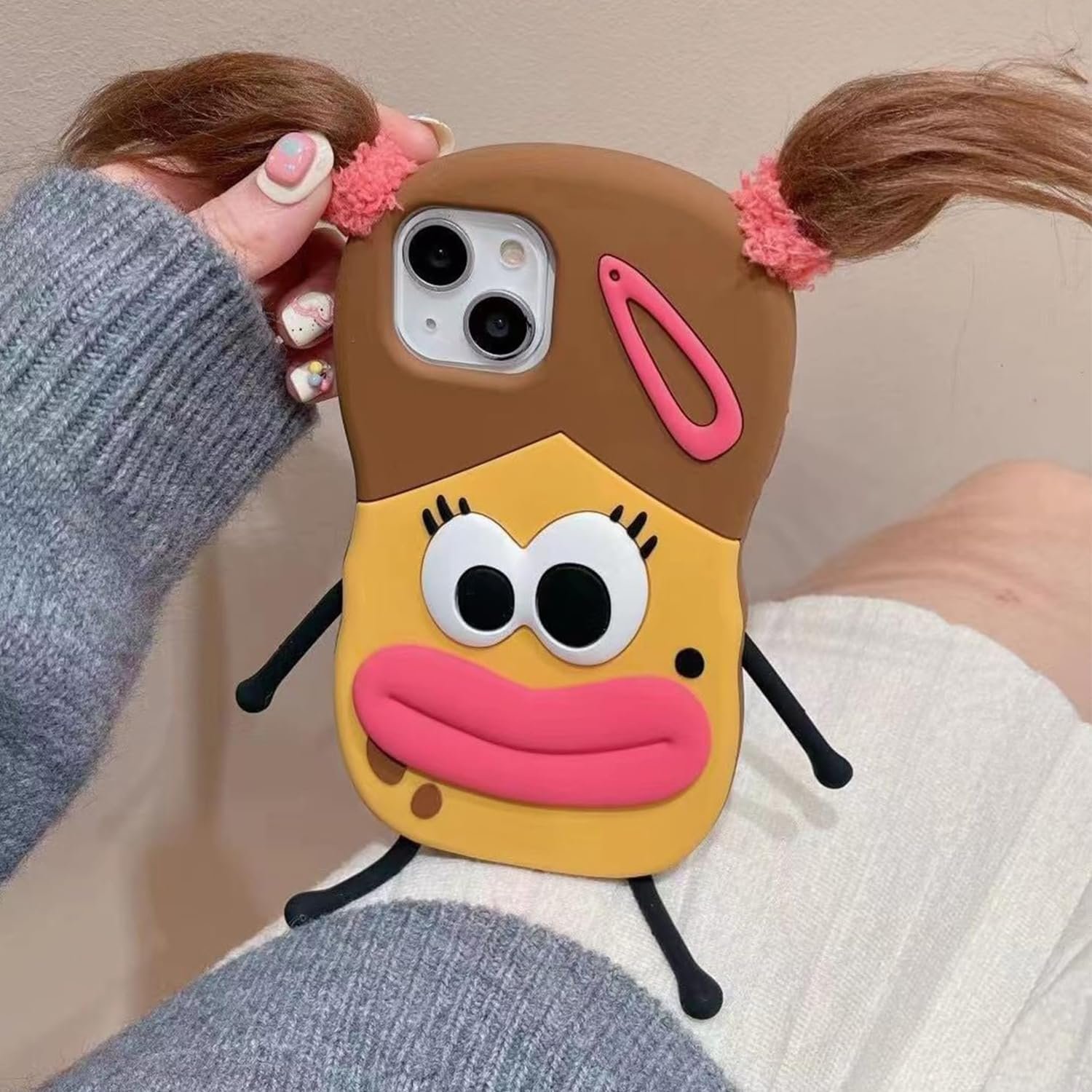 iPhone13 14 15Pro Super Thick Soft Silicone Shell,Ugly Three-Dimensional Big Eyes Sausage Mouth 3D Cartoon Interesting Interesting Cute Fashion Girl Phone Case Multicolor