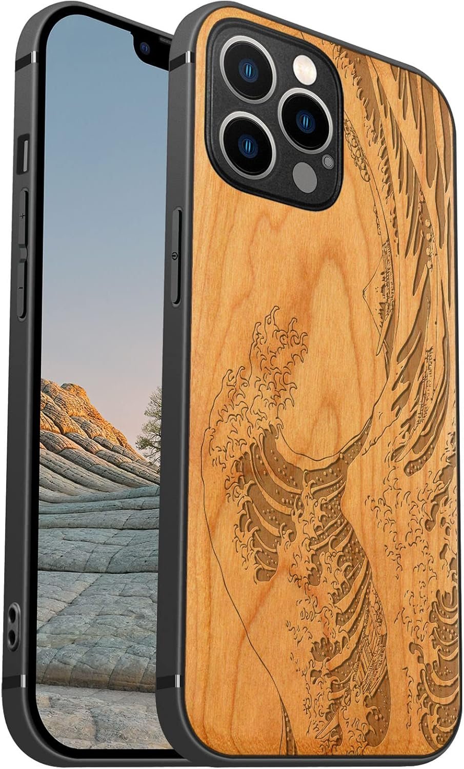 Magnetic Wood Case for iPhone 12 Case [Natural Wood & Soft TPU] Shockproof Protective Cover Unique & Classy Wooden Case Compatible with MagSafe (The Great Wave Off Kanagawa-Blackwood)