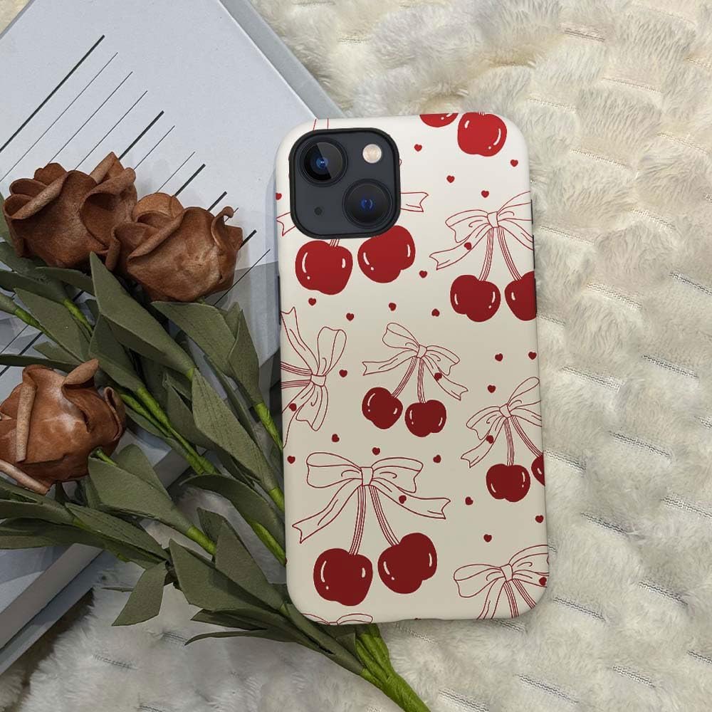 for iPhone 14 Plus Case,HH2 Red Cherry Bows Hybrid 2 Layer Hard Shell Silicone Protective Pattern Design Case