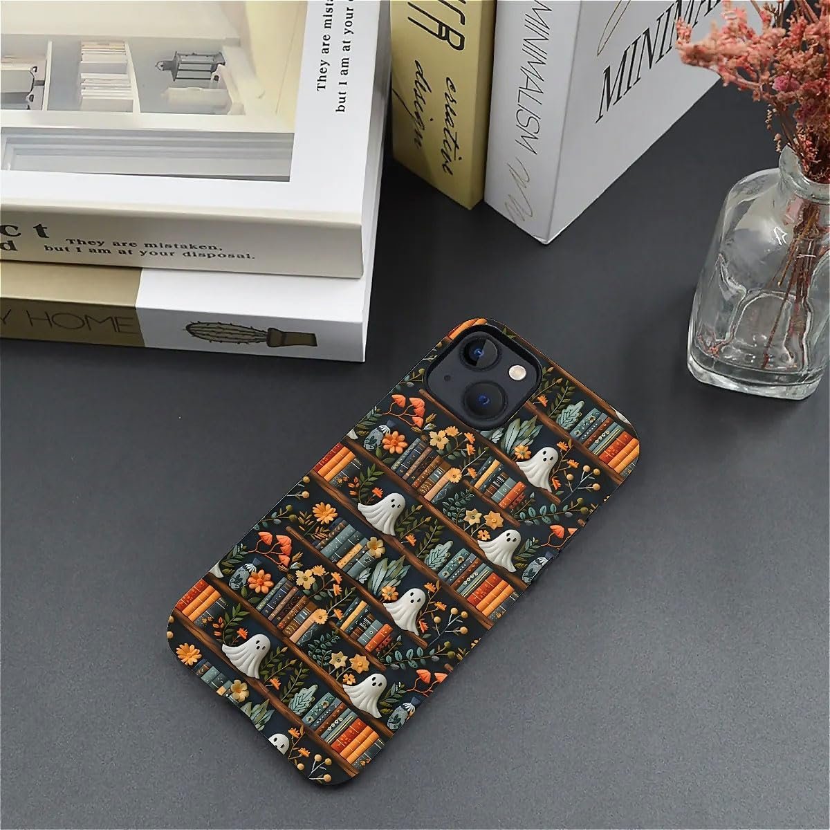 Compatible with for iPhone 15,Spooky Ghosts On Bookshelf Halloween Phone Case for iPhone 15,Scratch Resistant Hybrid 2-Layer Hard Shell Bright Phone Case