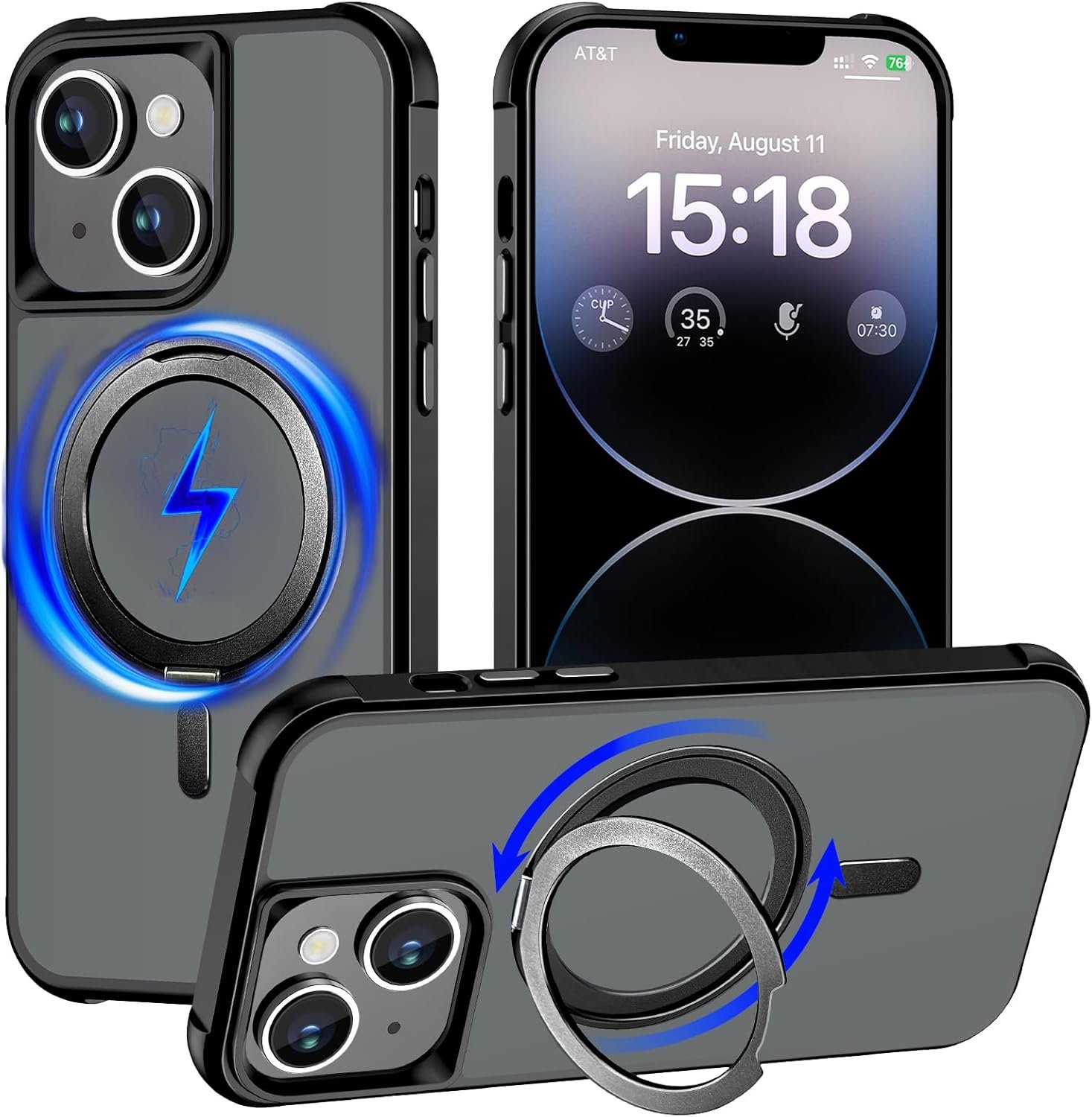 71nzX-wW-CL._AC_SL1500 Magnetic for iPhone 13 case/iPhone 14 Case 【Compatible with Magsafe】 with 360°Rotatable Invisible Ring Stand【Military Grade Shockproof】 Matte Back Soft Edge Phone Cover 6.1", Black