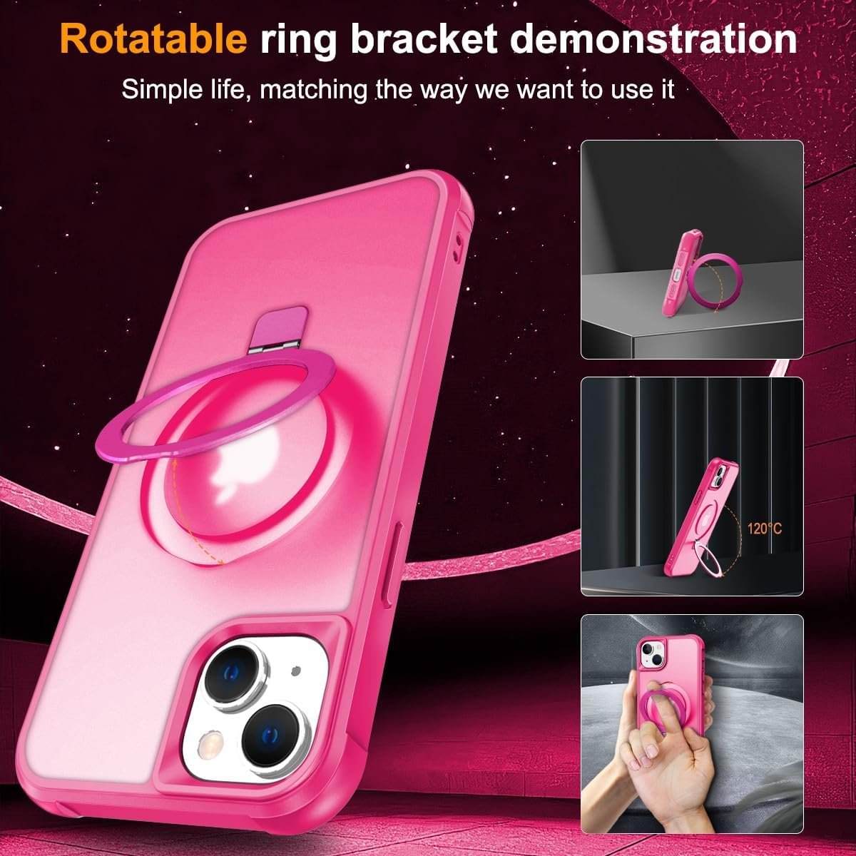 Magnetic Compatible with iPhone 14 Case with Stand [Military Grade Drop Tested][Compatible with Magnet] Ring Translucent Slim Hard Back Soft Edge, Rose Red