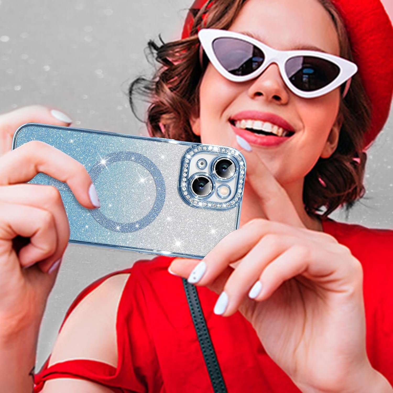 Innovatemee Compatible with iPhone 14 Case Plating Magnetic [Support for Magsafe] Bling Glitter Sparkly Back Diamond Camera Lens Cover Crystal Matte Luxury Case for Girls Women -Blue