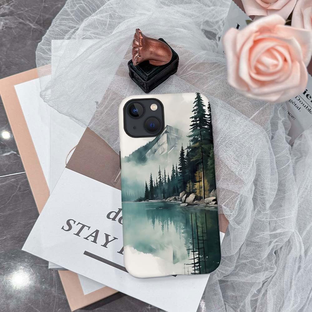 Case Compatible with for iPhone 13,Forest Lake Mountain Watercolor Phone Case Hybrid 2-Layer Hard Shell,Shockproof Soft for Girl Women Boy Men,Case for iPhone 13
