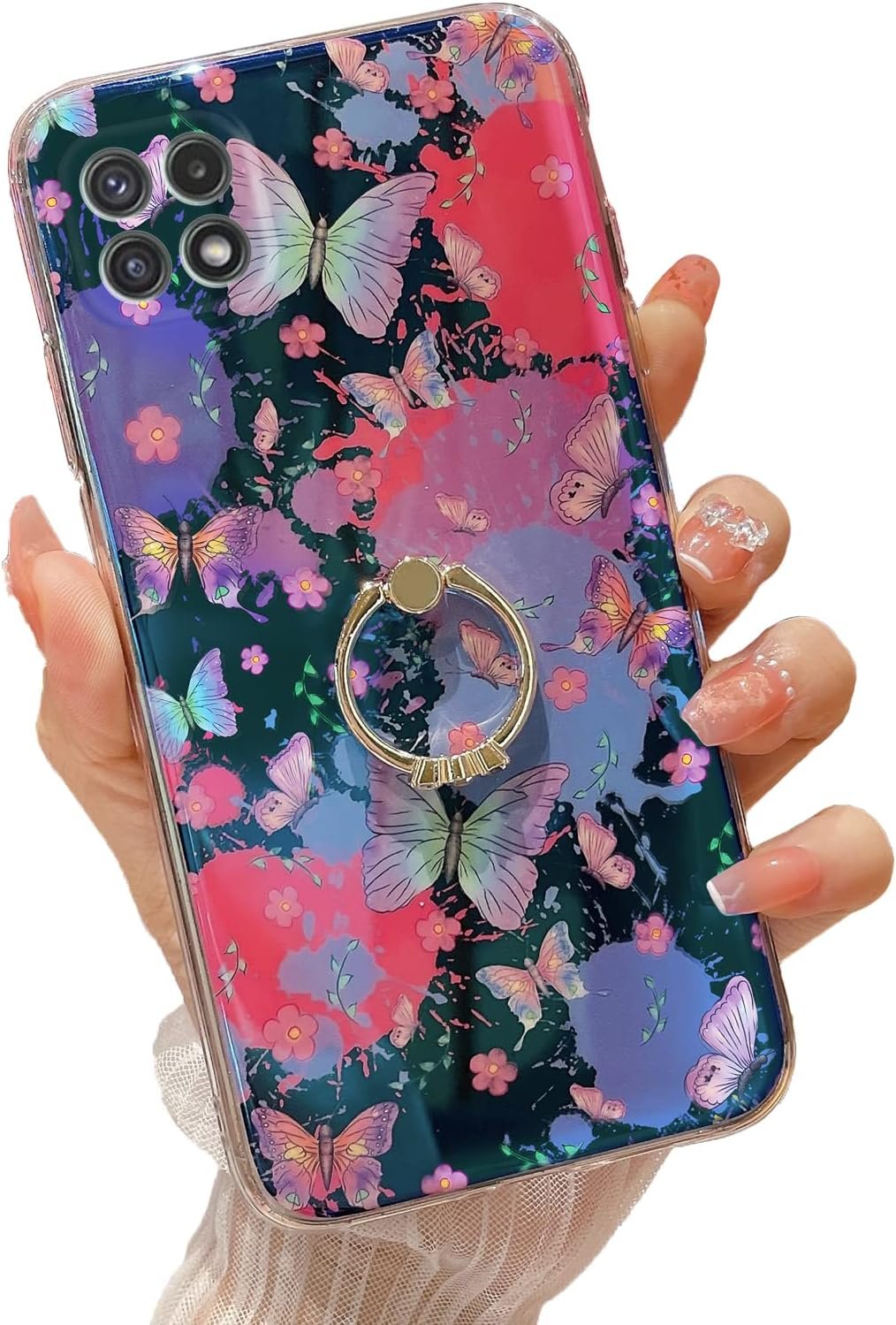 for Boost Mobile 5G 2021 Case (Not 5G Plus) Girls Women Cute Luxury Glitter Shell with Heart Ring Stand Slim Soft Shockproof Protective Cover for Samsung Galaxy A22 5G - Pink