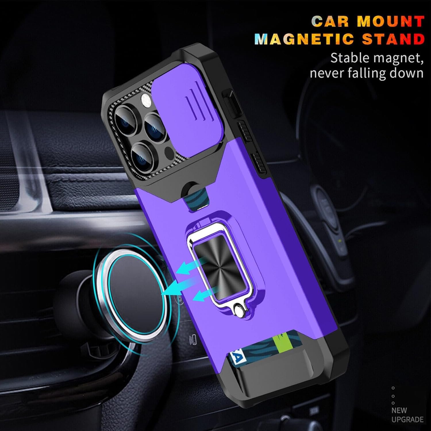 Compatible for iPhone 15 Pro TPU Case with Camera Protector | 360° Rotatable Ring Holder | Impact-Resistant Slide Len Cover | Magnetic Card Slots Stand Protective Shell with Stylus Pen | Purple