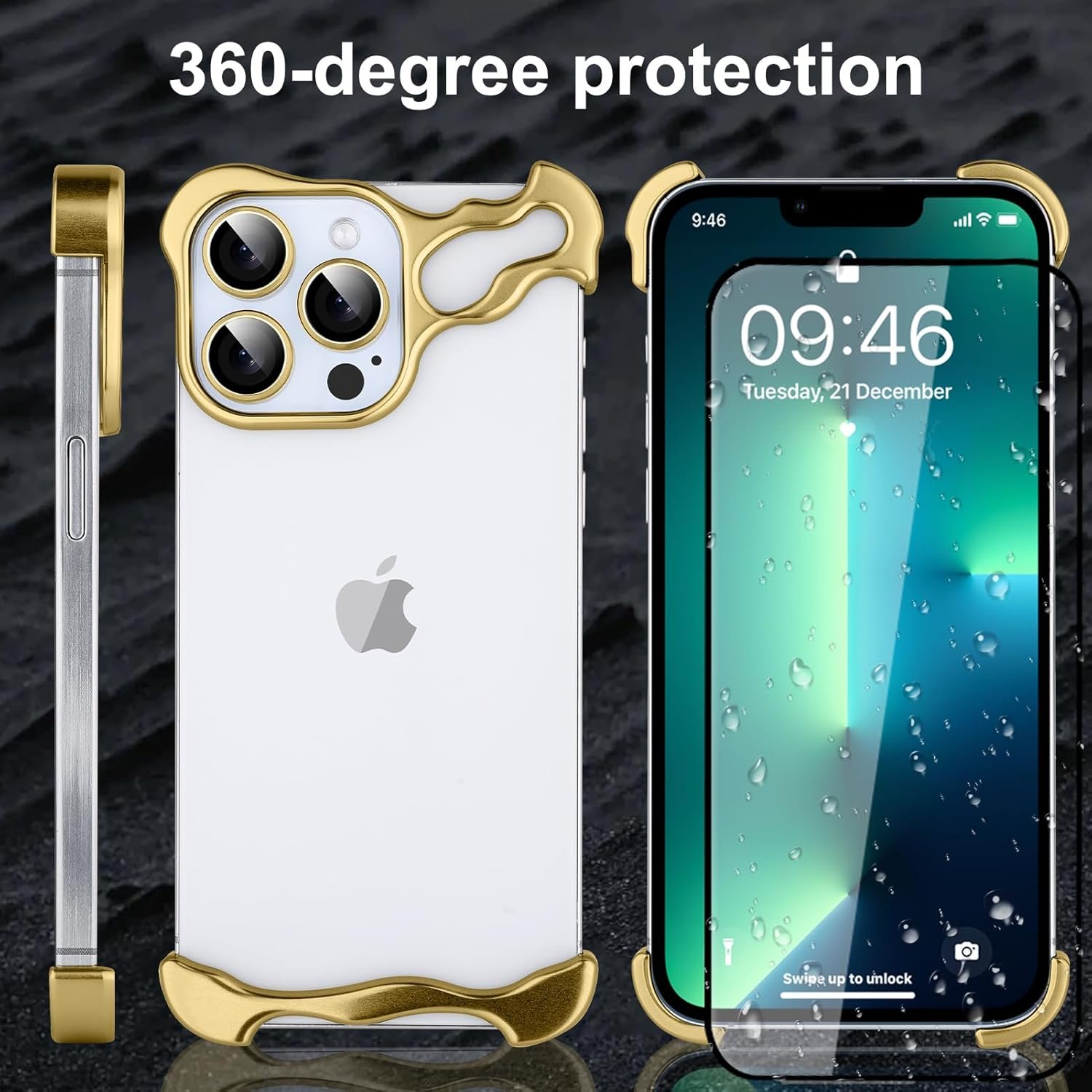 Metal Frameles Phone Case Compatible with iPhone 13 Pro Phone Case, Minimalist Protective, Shock Absorption, Aerospace Grade Aluminum Frameles Shells Screen Protective (Metal Gold)