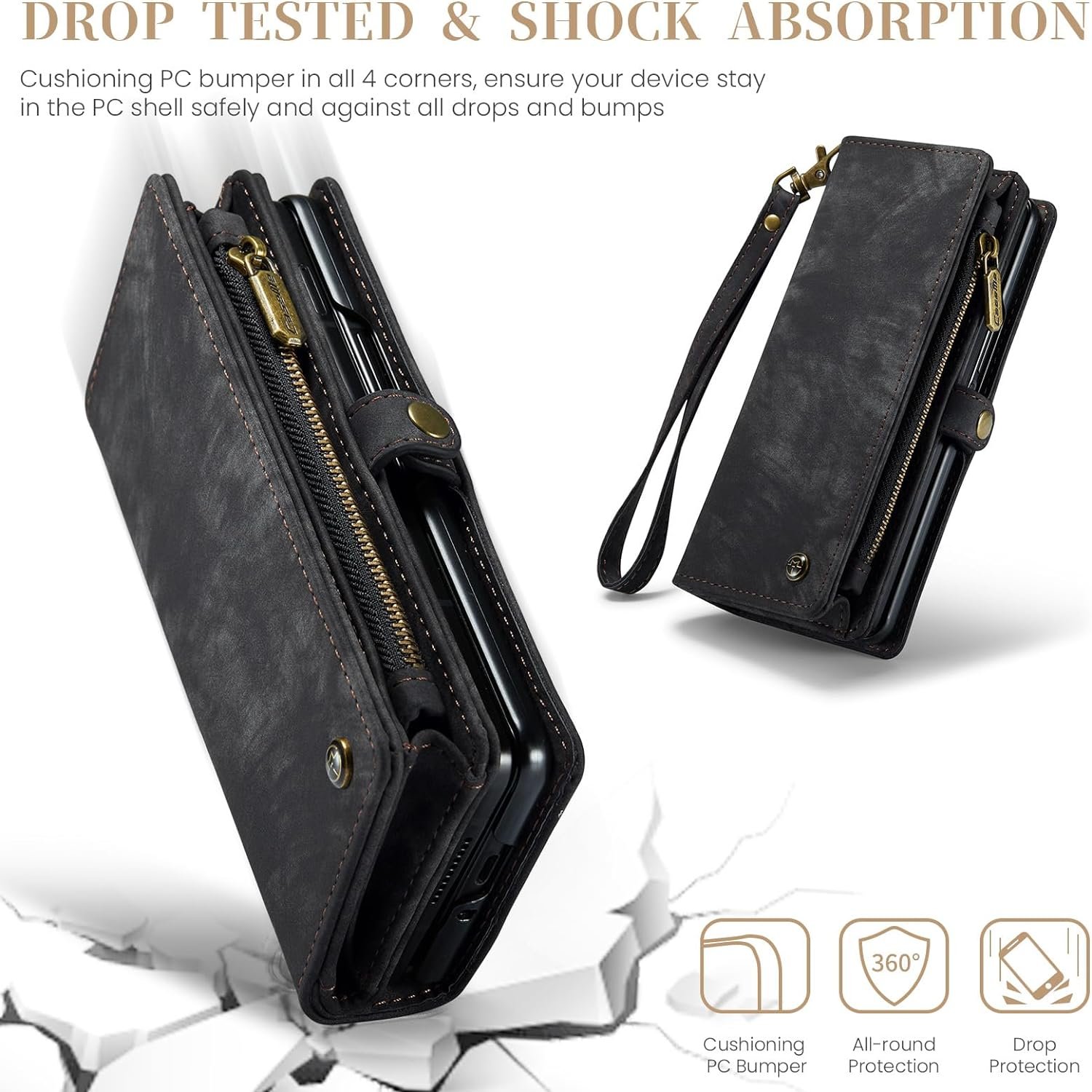 Wallet Case for Samsung Galaxy Z Fold6 2024, Zipper Purse Leather Case with Magnetic Detachable Shockproof TPU Bumper Shell Cover Compatible with Samsung Galaxy Z Fold 6 (Black)