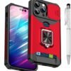 Compatible for iPhone 15 Pro TPU Case with Camera Protector | 360° Rotatable Ring Holder | Impact-Resistant Slide Len Cover | Magnetic Card Slots Stand Protective Shell with Stylus Pen | Purple